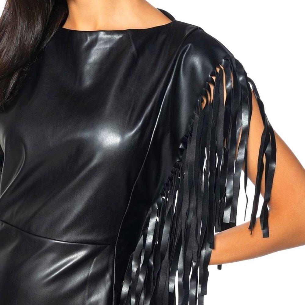 Xena Nashville at Night: Vegan Leather Black Fringe Mod Sheath Plunge Back Dress - Picture 2 of 6